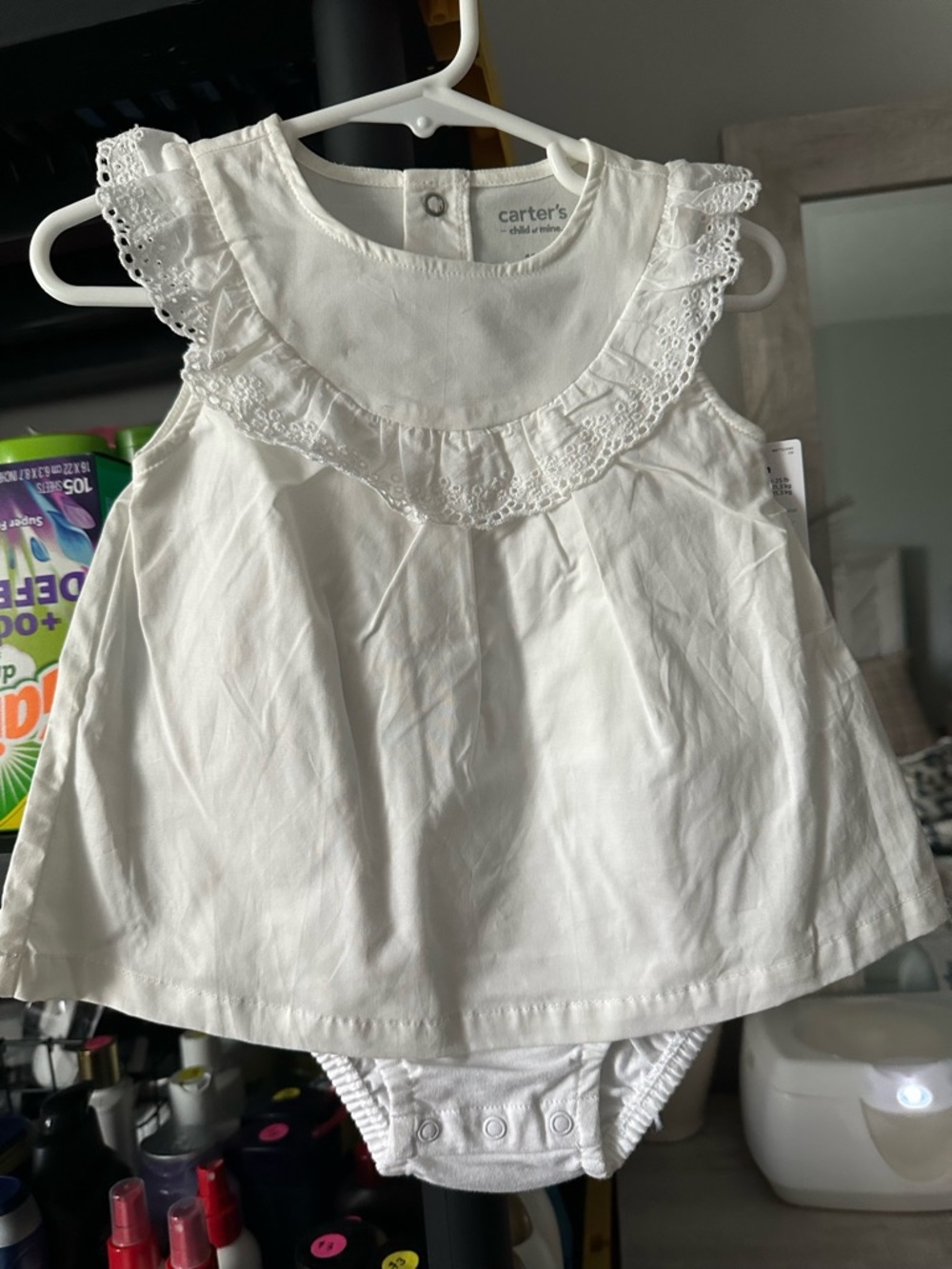 child of mine White Lace-Trim Sleeveless Baby Dress Bodysuit